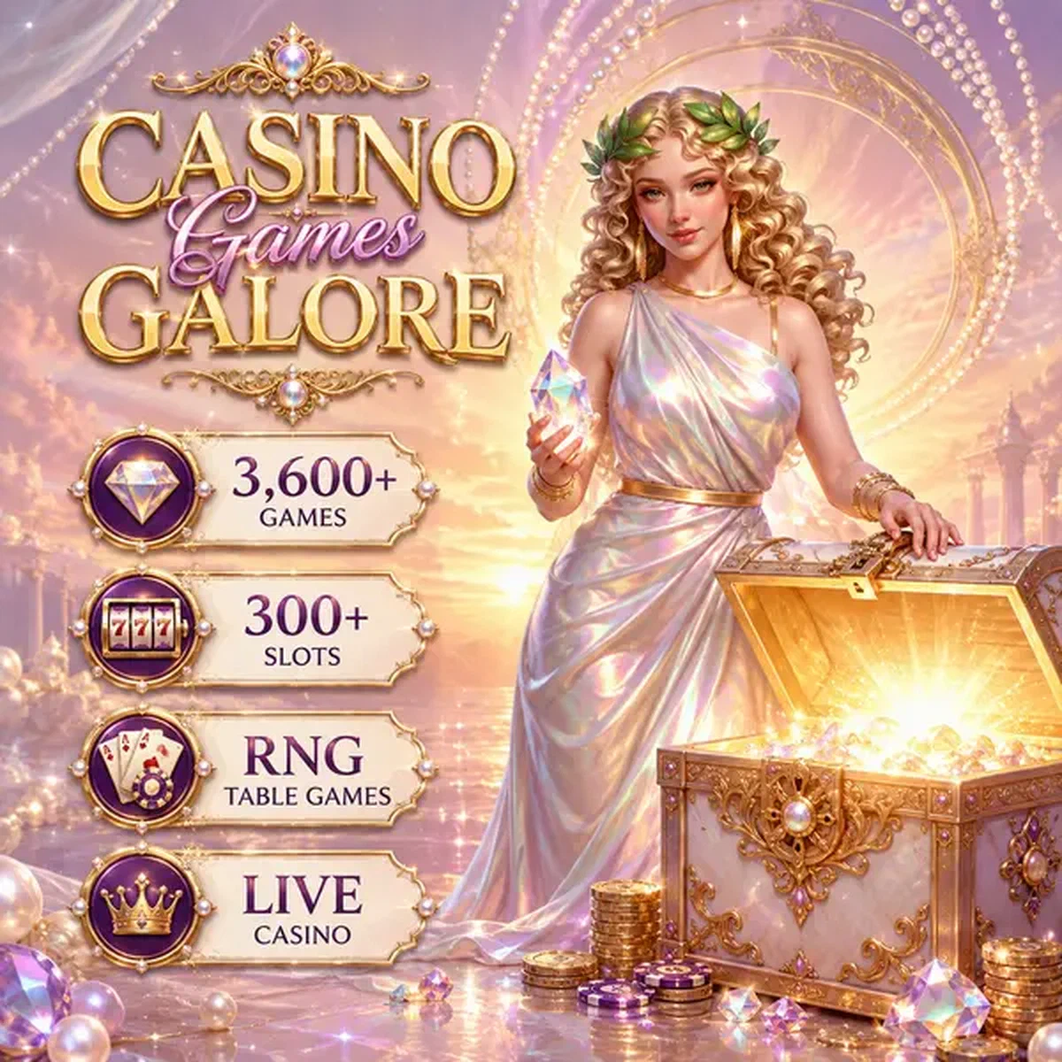 Morgengöttin öffnet leuchtende Schatztruhe mit LiraSpin Casino Spielen mit 3.600+ Slots