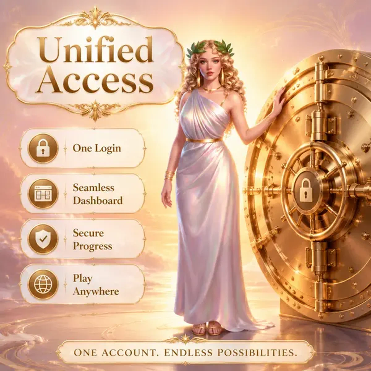 Morgengöttin mit Hand auf goldenem Tresor am sicheren Login-Portal des LiraSpin Casino