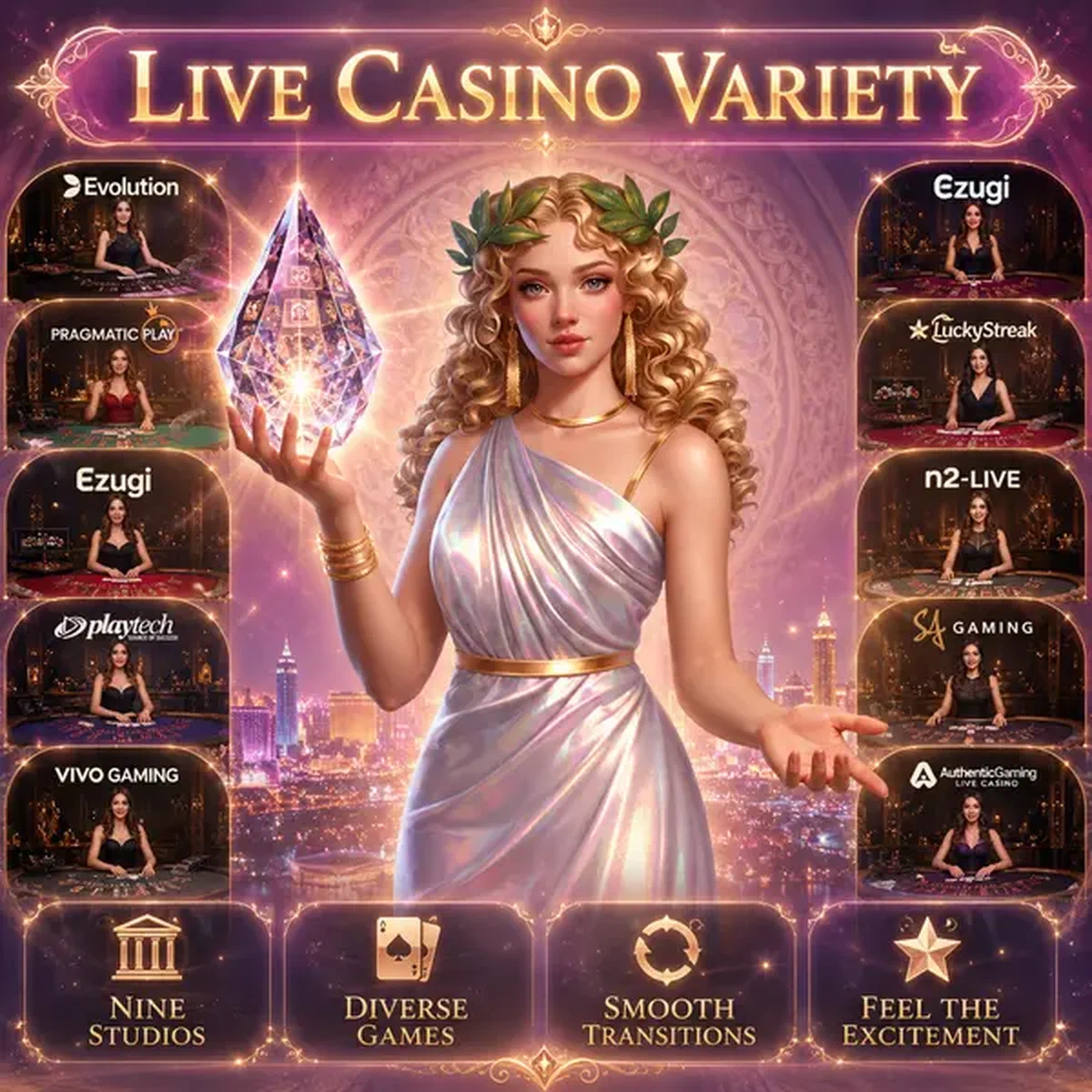 Morgengöttin hält leuchtenden Kristall an Live Casino Provider Architecture Live-Dealer-Tischen