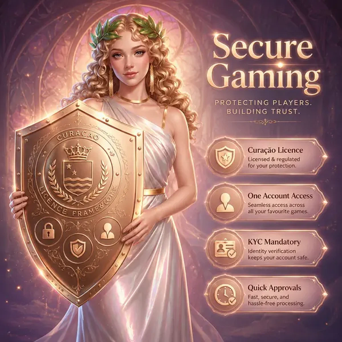 Morgengöttin-Maskottchen hält Schutzschild beim Curaçao-Lizenz-Framework-Anmeldeportal