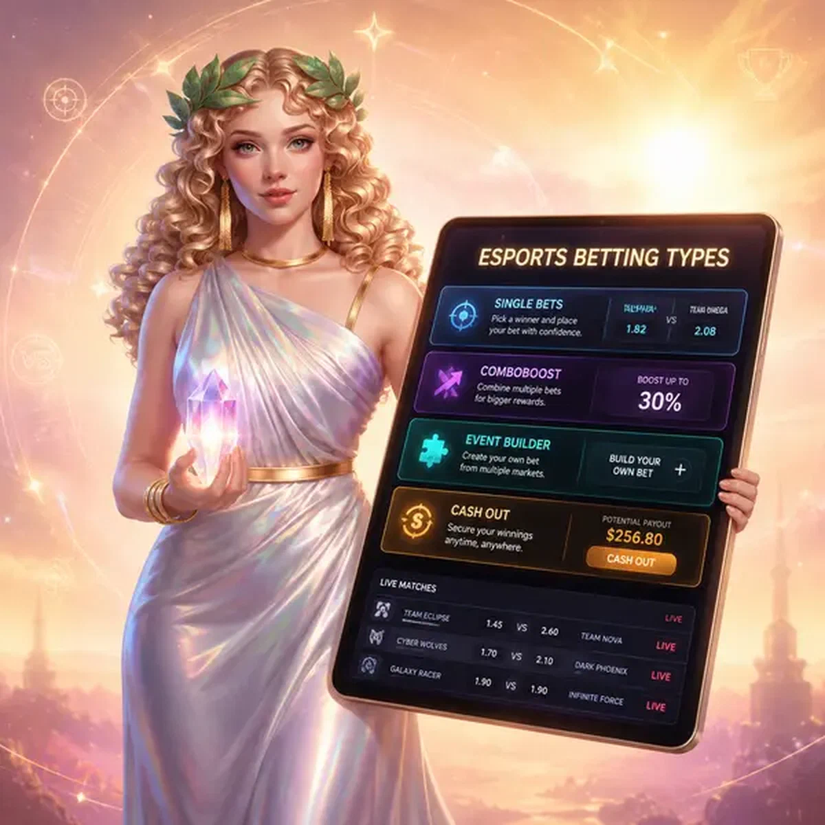 Morgengöttin präsentiert Esport-Wettoptionen auf leuchtendem Tablet bei LiraSpin