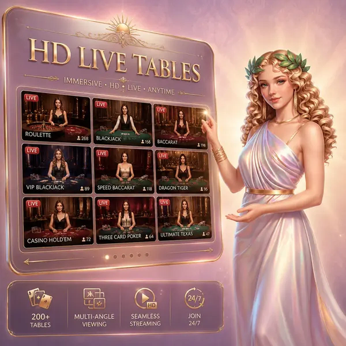 Morgengöttin berührt anmutig HD-Live-Casino-Bildschirm mit 200+ Streaming-Tischen bei HD Streaming Infrastructure and Table Scale