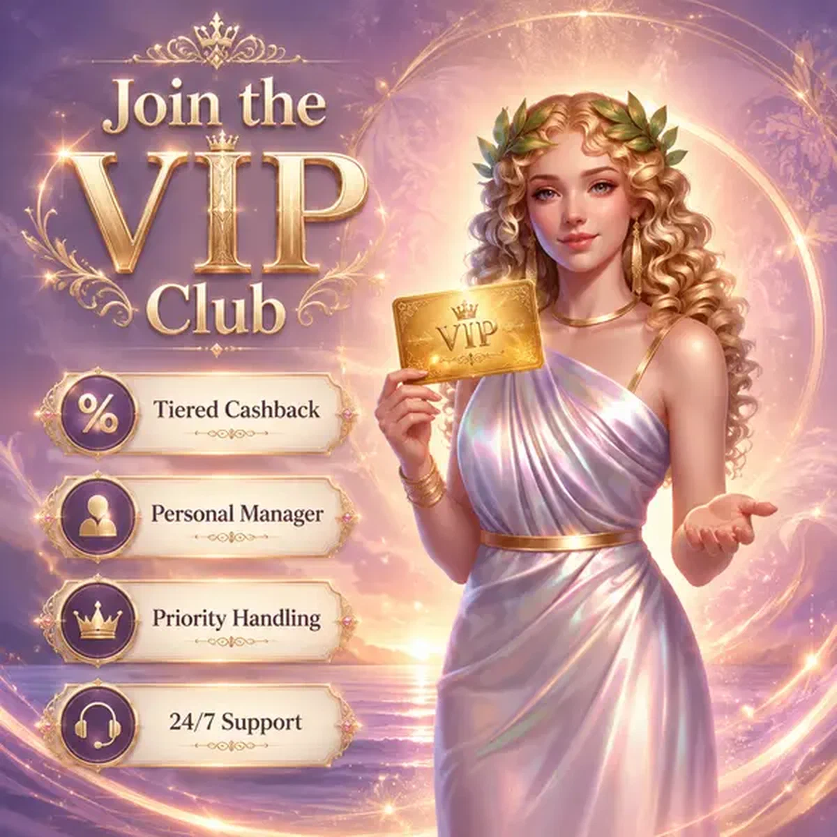 Morgengöttin hält goldene VIP-Karte am Eingang des LiraSpin Treueprogramms